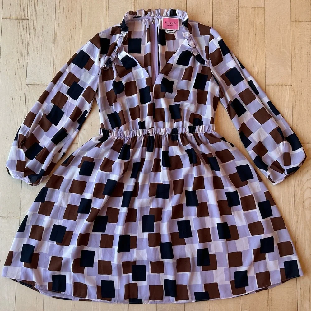 KATE SPADE NEW YORK Women’s Mini Dress Geo Squares Purple/Brown/Navy Size 2